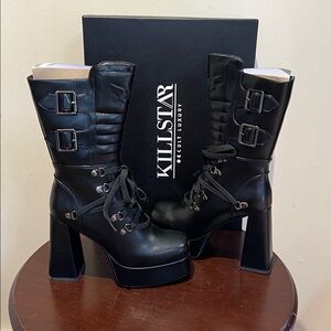 Killstar Dionisia 7 women's Gothic black faux leather high-heel boots NWT